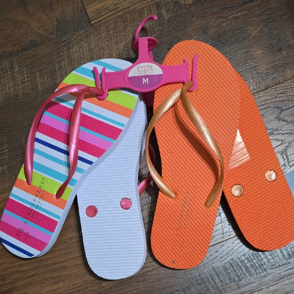 2 Pairs Orange and White Stripped Sandals Vibrant Summer Flip Flops
